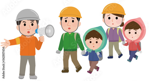 災害で避難する家族　誘導される　イラスト