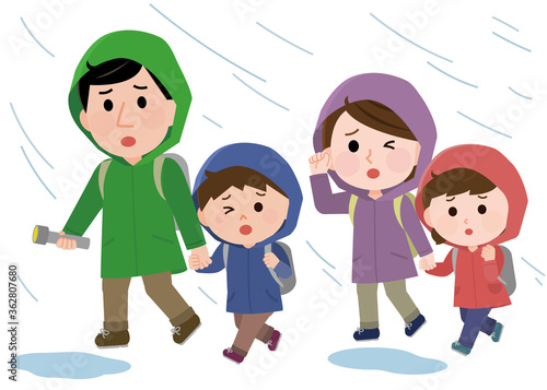 水害で豪雨の中避難する家族　イラスト