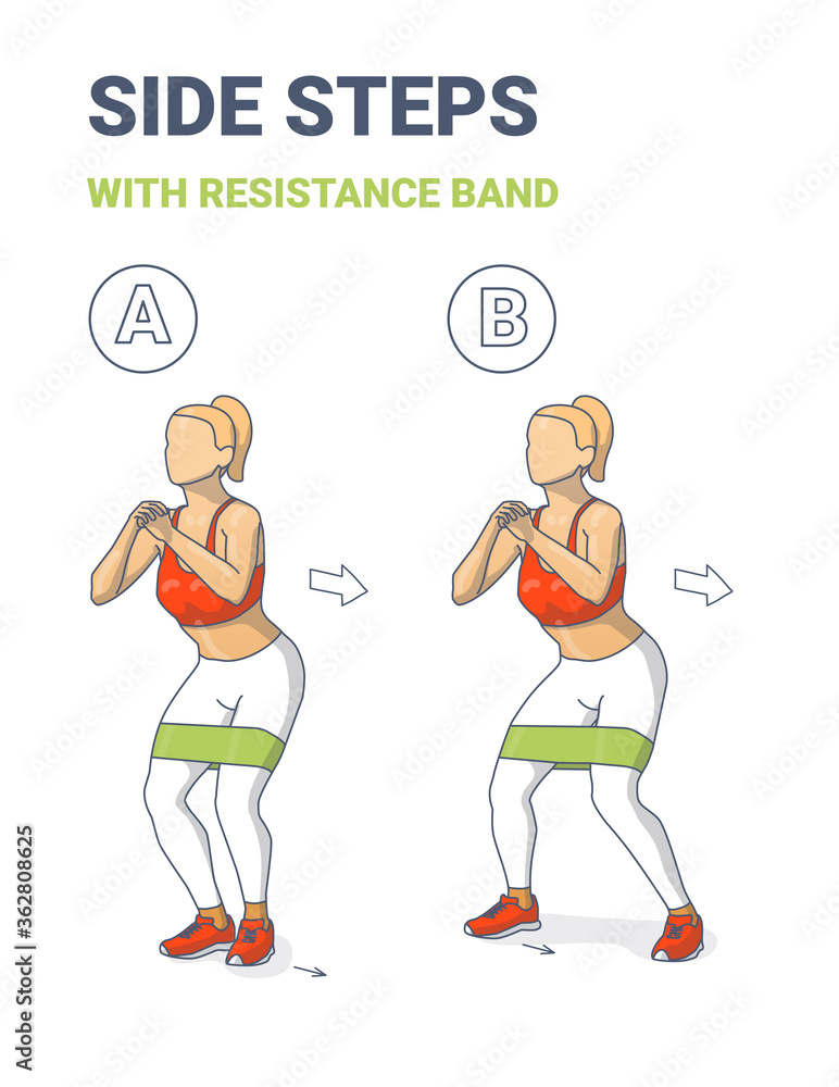 Girl Side or Lateral Walk with Resistance Band Exercise Colorful Concept Girl Side or Lateral Walk with Resistance Band Exercise Colorful Concept