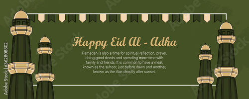 Eid al-adha banner template with Hand drawn Muslim People, Mosque, Lantern and islamic ornament in Green Grunge Background.