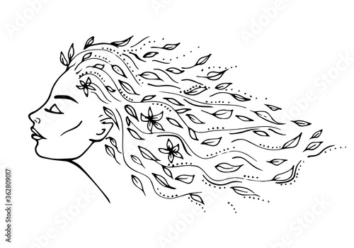 Magical profile face girl with long hair with flowers and leaves. Forest Nymph. Woman, female symbol of bloom and nature. For tattoo, print, eco cosmetics, fashion. Hand drawn, black line.