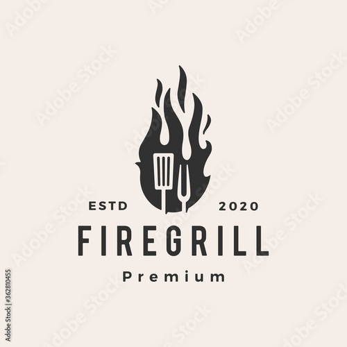 fire flame grill spatula fork hipster vintage logo vector icon illustration