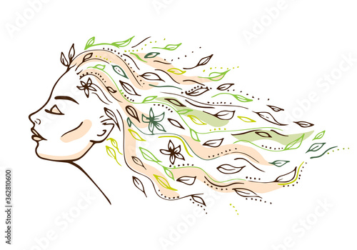 Beautiful girl profile with long hair with flowers and leaves. Woman symbol of spring, summer, greens, nature. Goddess, nymph of forest. For tattoo, print, cosmetics, fashion. Colorful hand drawn