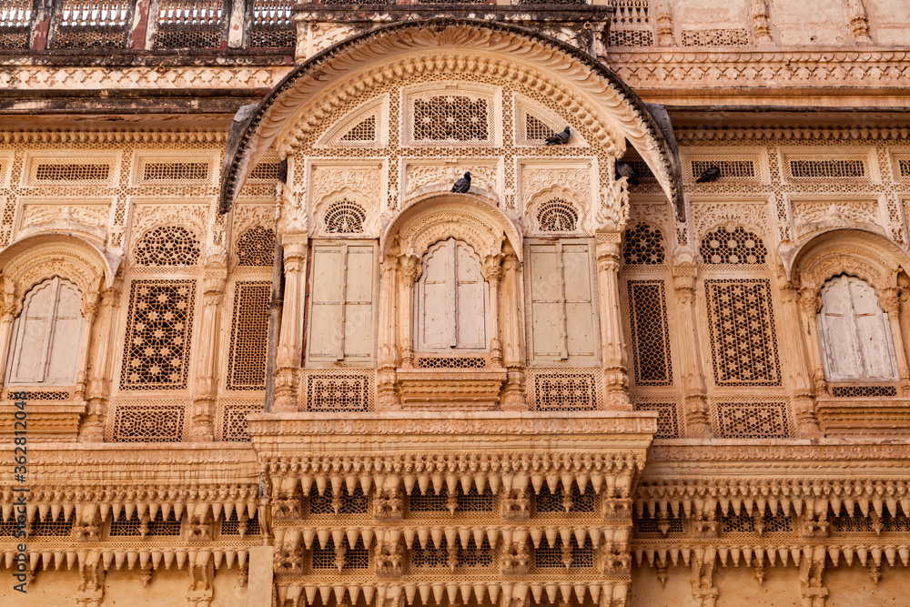 Jodhpur, Rajasthan, India – December 27, 2014 : Details of a beautifully carved window portion of a building in the Mehrangarh Fort - Jodhpur