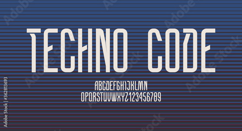Technical high font, condensed alphabet, letters A, B, C, D, E, F, G, H, I, J, K, L, M, N, O, P, Q, R, S, T, U, V, W, X, Y, Z and numerals 0, 1, 2, 3, 4, 5, 6, 7, 8, 9 , vector illustration 10EPS