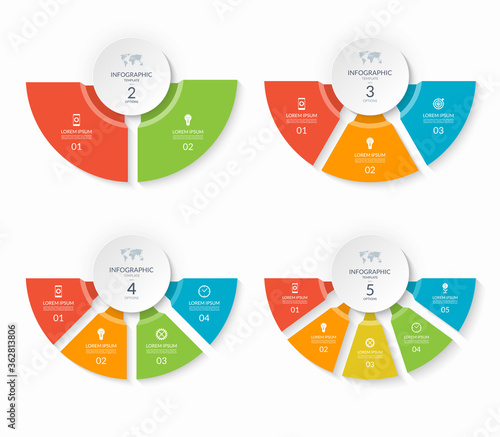 Set of infographic semicircle templates with 2, 3, 4, 5 options. Can be used as a chart, workflow layout, diagram, data visualization, minimalistic web banner.