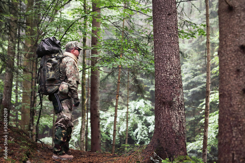 Active healthy man hiking in beautiful forest