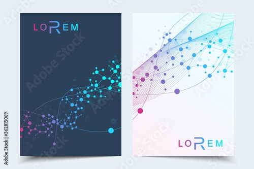 Scientific brochure design template. Vector flyer layout, Molecular structure with connected lines and dots. Scientific pattern atom DNA with elements for magazine, leaflet, cover, poster design.
