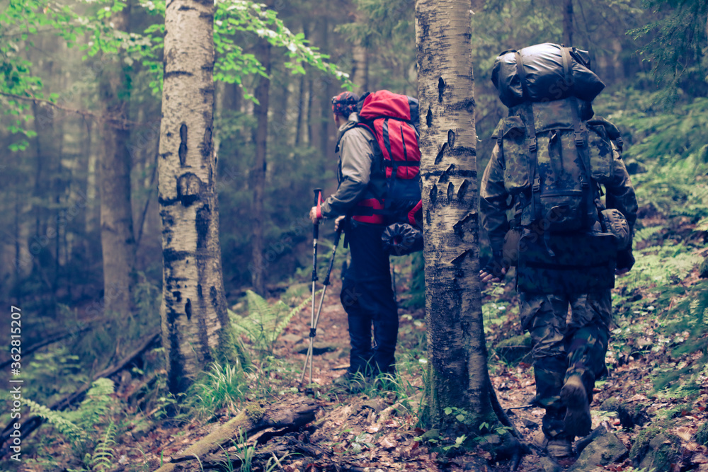 Two men hike in forest with backpack for trekking