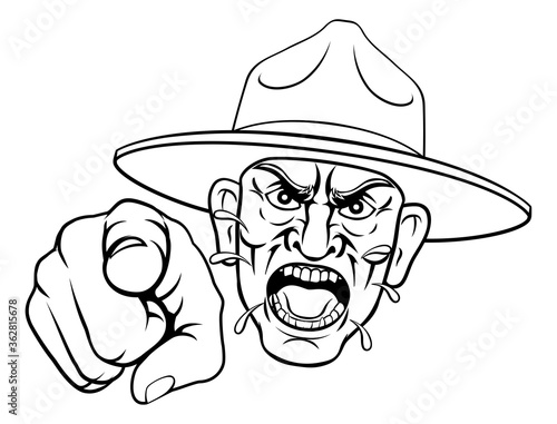 An angry army bootcamp drill sergeant soldier pointing at the viewer and shouting cartoon