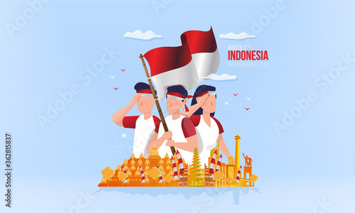 Indonesia independence day with youth enthusiasm and spirit of togetherness on illustration concept