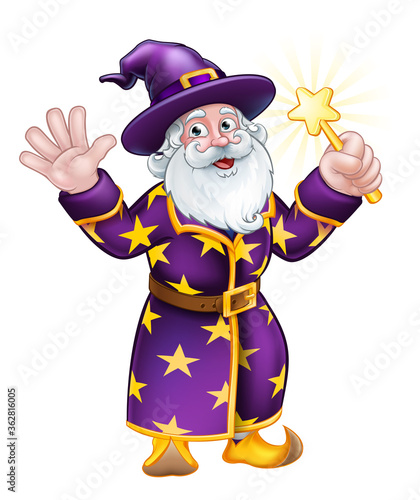 A wizard merlin magician Halloween cartoon character with magic wand