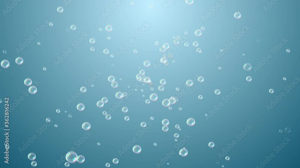Water bubbles blowing towards camera, against blue gradient Water bubbles blowing towards camera, against blue gradient