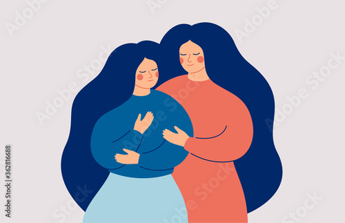 Friends and Family Support. A young woman comforts her best friend from stress and depression. The mother supports her daughter in a difficult situation. Vector illustration
