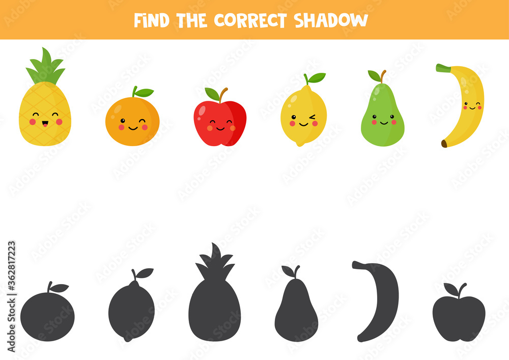 Find the correct shadow of cute kawaii fruits. Find the correct shadow of cute kawaii fruits.