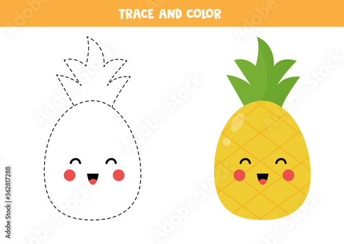 Trace and color cute kawaii pineapple fruit.