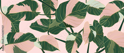 Luxury gold line art and Variegated Plants nature drawing background vector. Leaves and Floral pattern vector illustration.