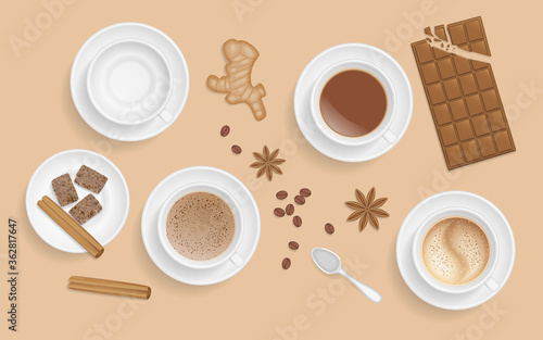 Vector coffee set with spices. Top view. Cup with coffee, saucer, spoon, star anise, cinnamon sticks, brown sugar, chocolate bar, coffee beans. View from above.