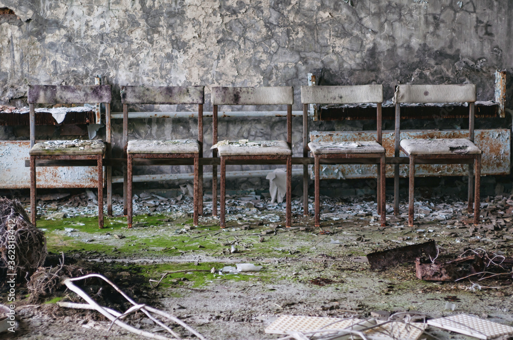 Health center, hospital in Prypiat, Chernobyl exclusion Zone. Chernobyl Nuclear Power Plant Zone of Alienation in Ukraine Health center, hospital in Prypiat, Chernobyl exclusion Zone. Chernobyl Nuclear Power Plant Zone of Alienation in Ukraine
