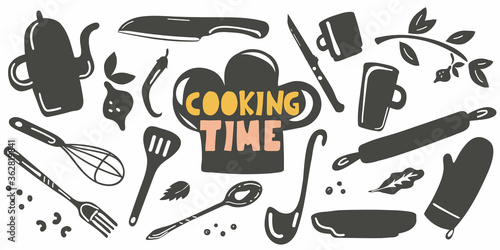 Coocking time. Lettering with kitchen utensils and food hand drawn set for cafe or restaurant menu, cooking classes and school, silhouette flat vector illustration label sticker or logo