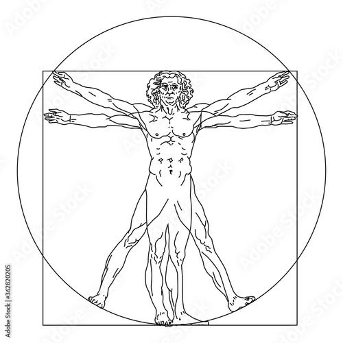 Stylized sketch of the Vitruvian man or Leonardo's man. Homo vitruviano vector illustration based on Leonardo da Vinci artwork black and white