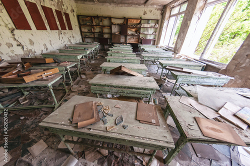 School classroom in Prypiat, Chernobyl exclusion Zone. Chernobyl Nuclear Power Plant Zone of Alienation in Ukraine