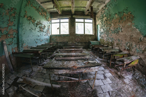 School classroom in Prypiat  Chernobyl exclusion Zone. Chernobyl Nuclear Power Plant Zone of Alienation in Ukraine