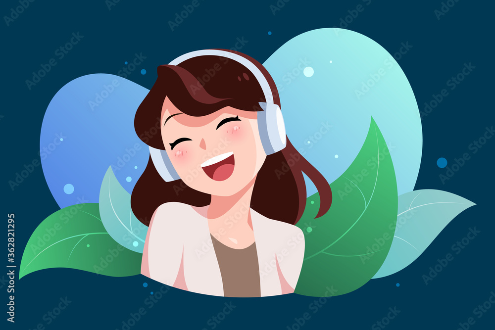 woman happy smile nature background cartoon style woman happy smile nature background cartoon style
