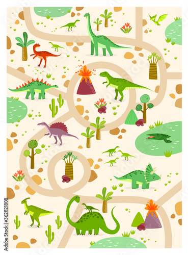 Vector tropical maze with dinosaurs in a jurassic park. Cartoon dinosaurs. Road in jurassic park. Game for children. Children s play mat. tyrannosaurus  pterodactyl  brachiosaurus  tricerathorps 