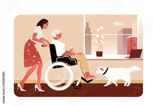 Disabled or temporary disabled stylish senior woman at home sitting in wheelchair. Granddaughter helps. Female character. Side view vector illustration in flat cartoon style.