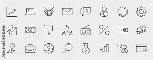 Set of Business vector line icons. It contains symbols of a handshake, a user, dollar pictograms, gears, a briefcase, a bag of money, a schedule and much more. Editable Stroke. 32x32 pixels.
