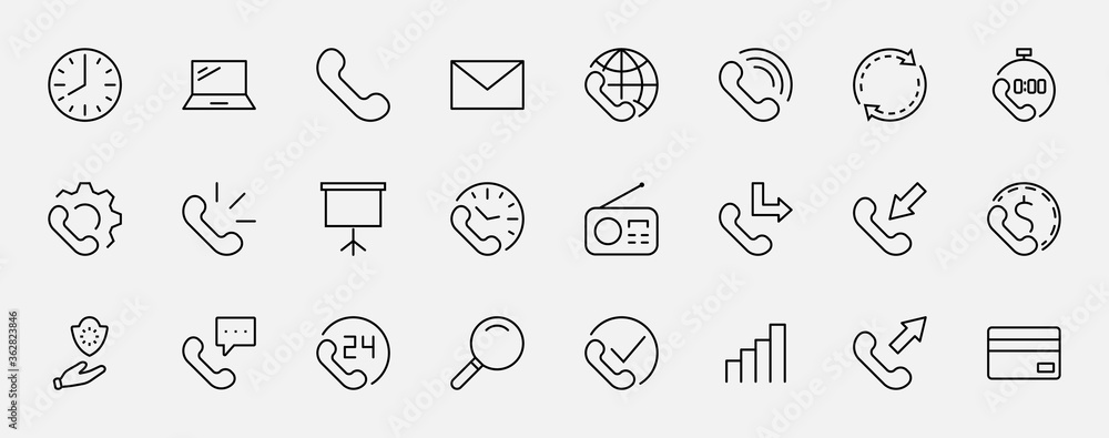Set of Phone vector line icons. It contains the symbols of incoming, outgoing, missed calls, global call and round the clock online support and much more. Editable Stroke. 32x32 pixels. Set of Phone vector line icons. It contains the symbols of incoming, outgoing, missed calls, global call and round the clock online support and much more. Editable Stroke. 32x32 pixels.