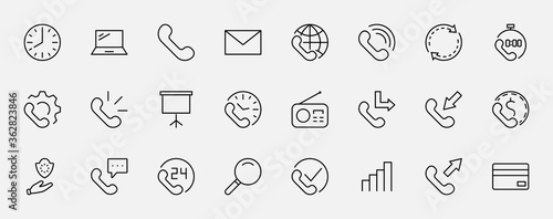 Set of Phone vector line icons. It contains the symbols of incoming, outgoing, missed calls, global call and round the clock online support and much more. Editable Stroke. 32x32 pixels.