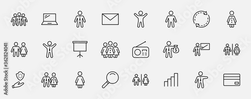 Set of people vector line icons. It contains the symbols of a man, a woman, a family, a toilet, a businessman, a teacher, and much more. Editable Stroke. 32x32 pixels.