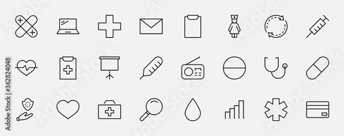 Set of Medicine vector line icons. It contains the first aid kit, nurse, syringe, thermometer, plastic, pills, heart, drop of blood, palpitation and much more. Editable Stroke. 32x32 pixels.