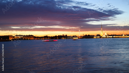 beautiful view of the river and bridge in the European city during the white nights