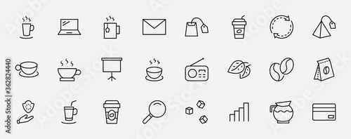 Set of Coffee and Tea Vector Line Icons. Contains such Icons as Cup of Tea, Teabags, Coffee beans and Green Tea Leaves, a pitcher of Water, Sugar Cubes and more. Editable Stroke. 32x32 Pixels © Set Line Vector Icon