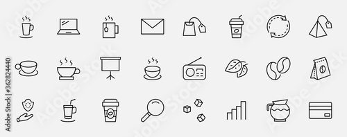 Set of Coffee and Tea Vector Line Icons. Contains such Icons as Cup of Tea, Teabags, Coffee beans and Green Tea Leaves, a pitcher of Water, Sugar Cubes and more. Editable Stroke. 32x32 Pixels