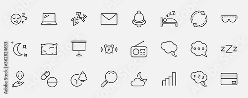 Sleep Vector Line Icons Set. Contains such Icons as Alarm Clock, Bed, Insomnia, Pillow, Sleeping Pills, Bell, Glasses for sleep, Bubble and more. Editable Stroke. 32x32 Pixels