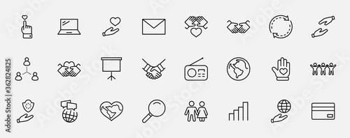 International Day of Human Solidarity Line Vector Icons Set. Contains such Icons as Handshake, Heart, planet Earth, helping Hand, People and more. Editable Stroke. 32x32 Pixels