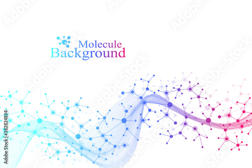 Colorful molecules background. DNA helix, DNA strand, DNA Test. Molecule or atom, neurons. Abstract structure for science or medical background, banner. Scientific molecular vector illustration