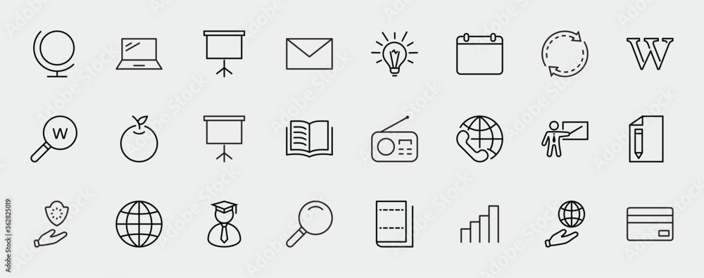 Wikipedia's birthday Set Line Vector Icon. Contains such Icons as Wikipedia,  Open Book, Teacher, Blackboard, Pointer, Web Globe, Directory, Search, Lamp,  Calendar. Editable Stroke. 32x32 Pixels Stock Vector | Adobe Stock