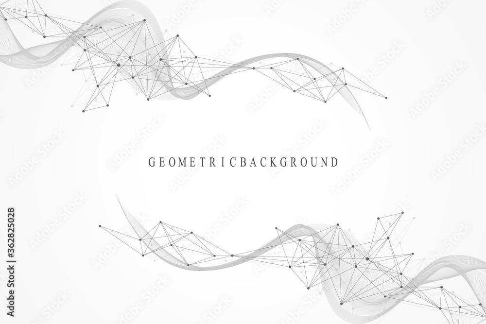 Abstract geometric background with dynamic particles, wave flow. Big data, plexus stream background. Perspective data visualization with fractal element. Plexus flow style. Digital vector illustration