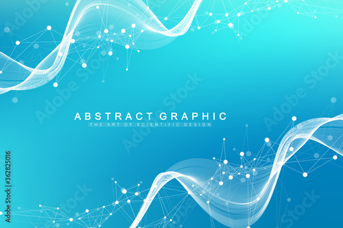 Geometric abstract background with connected line and dots. Network and connection background for your presentation. Graphic polygonal background. Wave flow. Scientific vector illustration.