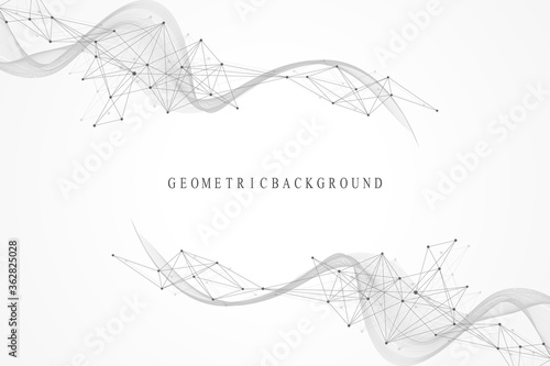 Abstract geometric background with dynamic particles, wave flow. Big data, plexus stream background. Perspective data visualization with fractal element. Plexus flow style. Digital vector illustration
