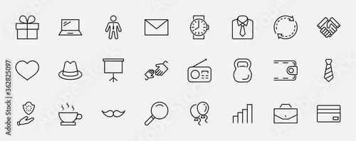 Father's Day Set Line Vector Icons. Contains such Icons as Mustache, tie, shirt, handshake, diplomat, hat, coffee, purse, gift, portfolio and more. Editable Stroke. 32x32 Pixels