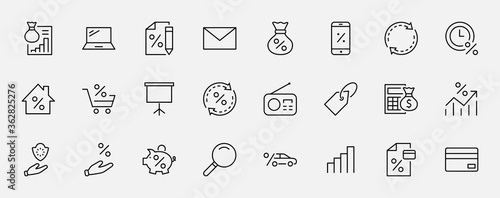 Set of Credit and Loan Related Vector Line Icons. Contains such Icons as Credit Card, Rate Calculator, Deposit and more. Editable Stroke. 32x32 Pixels