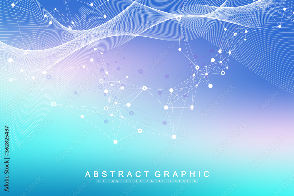 Fototapeta premium Abstract geometric background with dynamic particles, wave flow. Big data, plexus stream background. Perspective data visualization with fractal element. Plexus flow style. Digital vector illustration