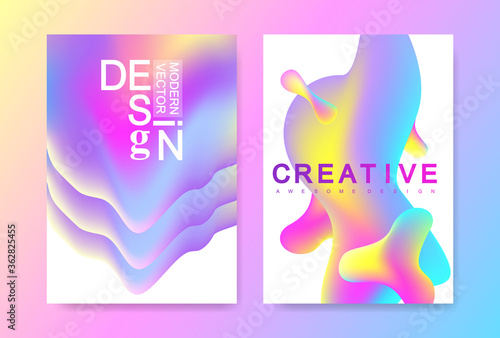 Vector design template in trendy vibrant gradient colors with abstract fluid shapes, paint splashes, ink drops. Futuristic posters, banners, brochure, flyer and cover designs. Abstract fluid 3d shape.