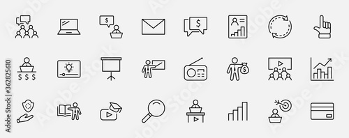 Set of Business Training Related Vector Line Icons. Contains such Icons as Teacher, Class, Presentation, Video, Book, Mentoring, Target and more. Editable Stroke. 32x32 Pixels.